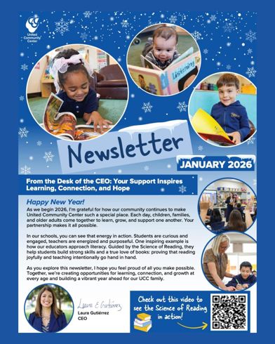 Cover of January 2026 Newsletter with photos of children reading